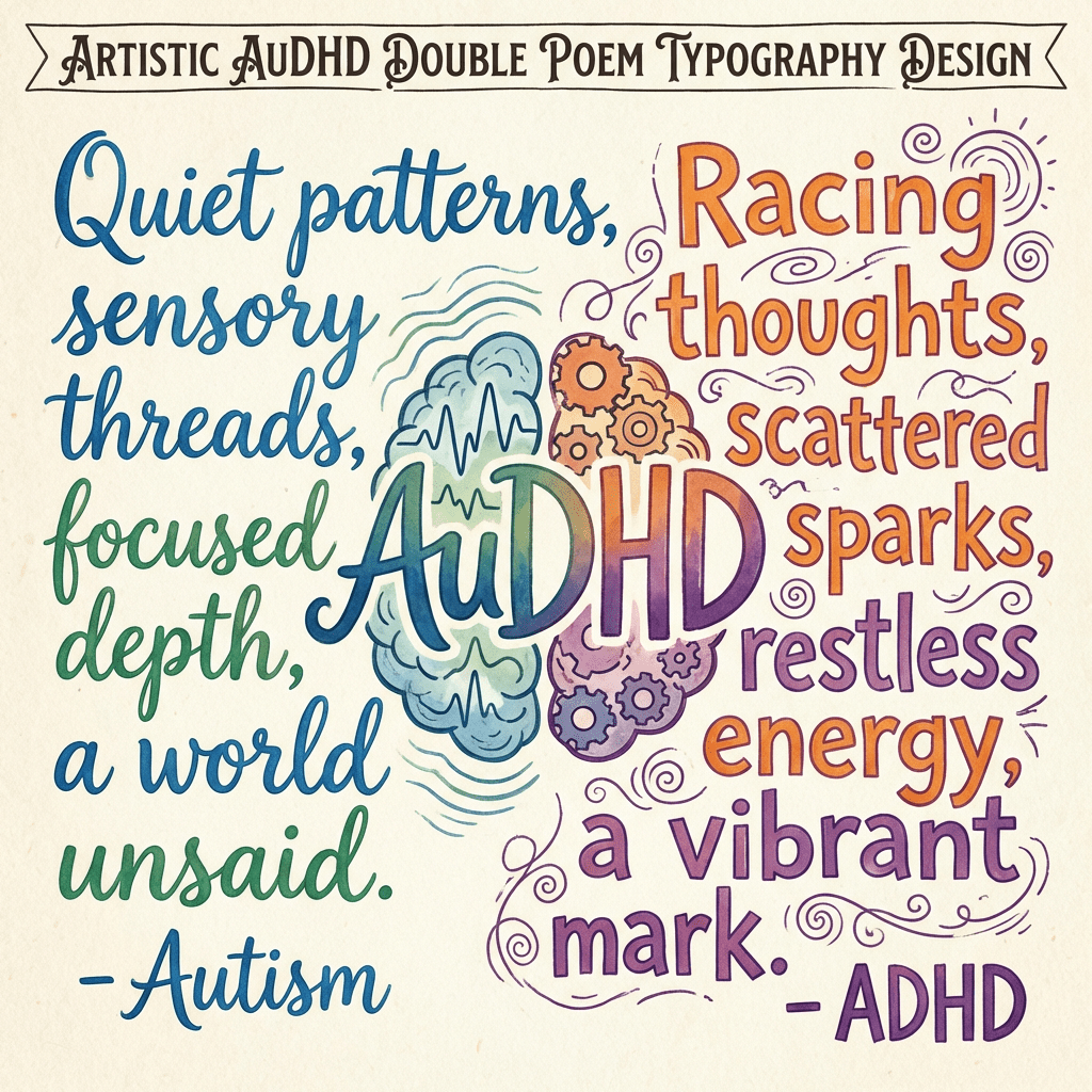 ARTISTIC AUDHD DOUBLE POEM TYPOGRAPHY DESIGN. Quiet patterns, sensory threads, focused depth, a world unsaid. - Autism. Racing thoughts, scattered sparks, restless energy, a vibrant mark. - ADHD. AuDHD.
